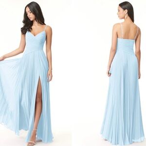Azazie Vini Sky Blue A-Line V-Neck Pleated Chiffon Dress
